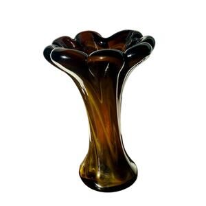 Vintage Amber Slag Glass Vase Swirled Marbled Art Glass 6.25" Tall MCM